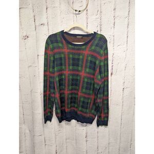 J. McLaughlin Men's Sweater Round Neck Green Red Plaid Size Large Cotton‎ Modal